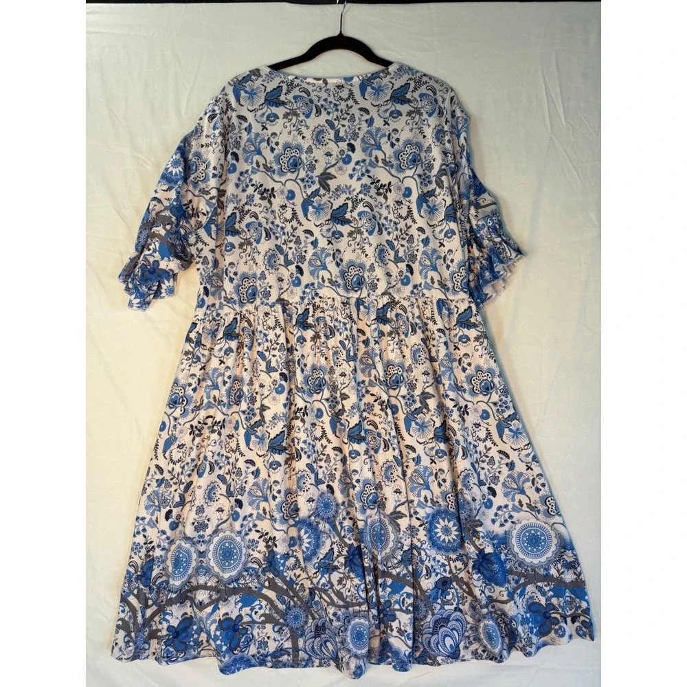 Pink Daisy womens blue & white floral 3/4 sleeve dress Sz 3x cottage core comfy - Picture 9 of 11